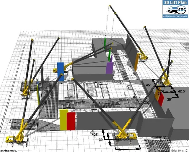 3D Lift Plan model of a multi-crane lift with crane positions, setbacks and outrigger pads laid over the site drawings